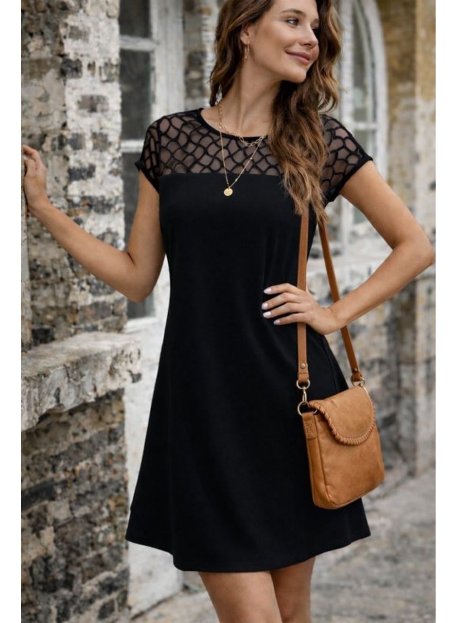 Kadın Kısa Kollu Bisiklet Yakalı Tül Detaylı Kısa Janjan Krep Elbise