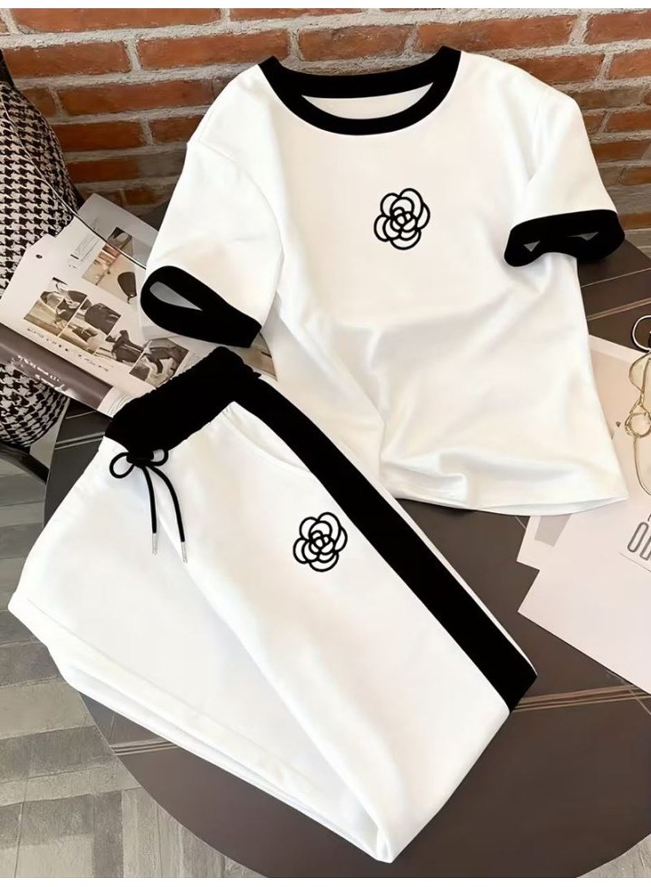 Kadın Kısa Kollu Bisiklet Yaka Viskon Iki Iplik Bluz Ve Pantolon Ikili Takım