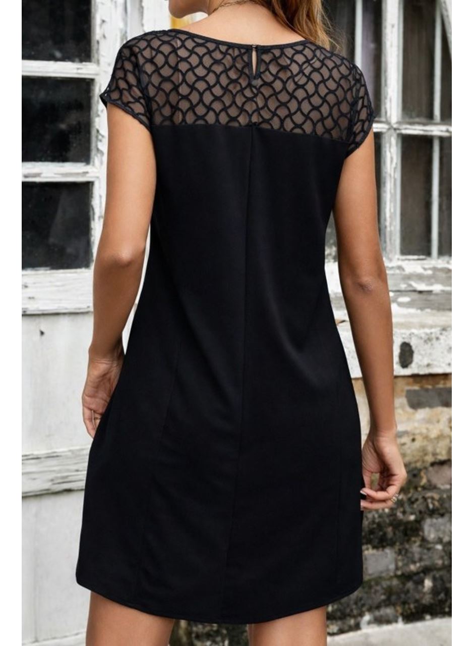 Kadın Kısa Kollu Bisiklet Yakalı Tül Detaylı Kısa Janjan Krep Elbise