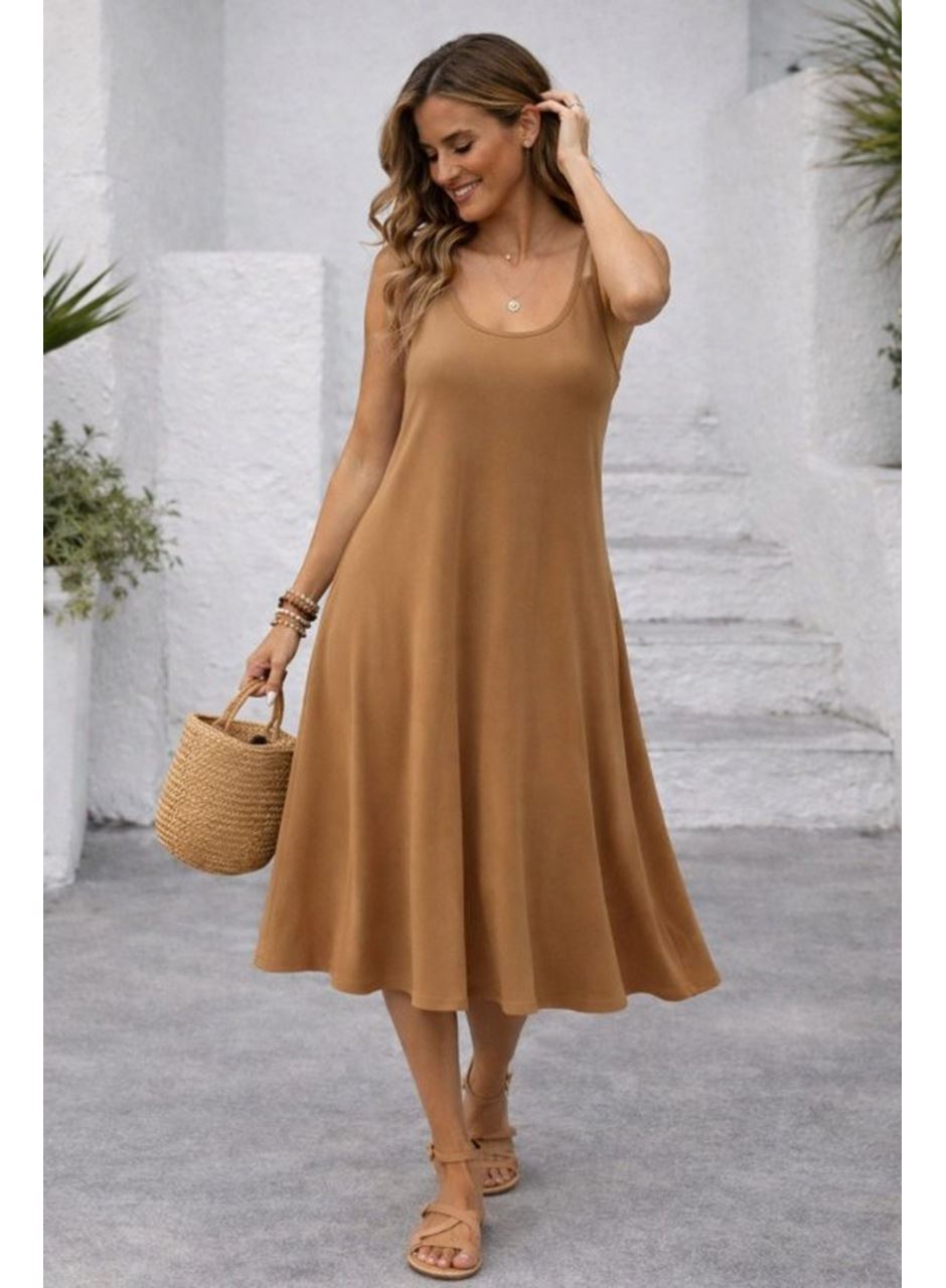 Kadın Askılı Yuvarlak Yakalı Kiloş Uzun Viskon Elbise