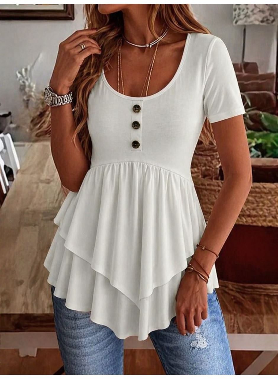 Kadın Kısa Kollu Yuvarlak Yakalı Düğmeli önden Asimetrik Kesim Detaylı Viskon Bluz