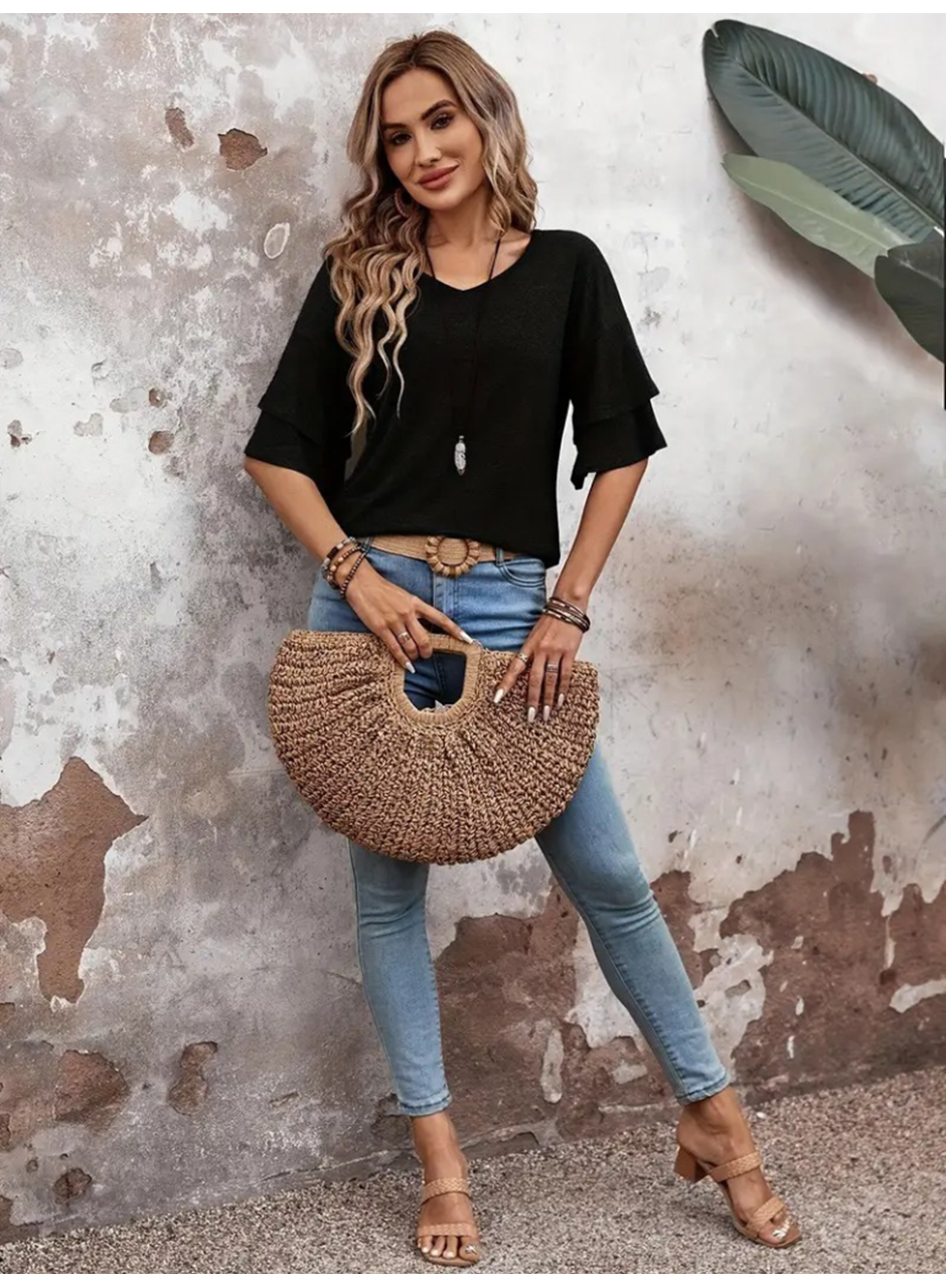 Kadın Kısa Kollu V Yakalı Viskon Bluz