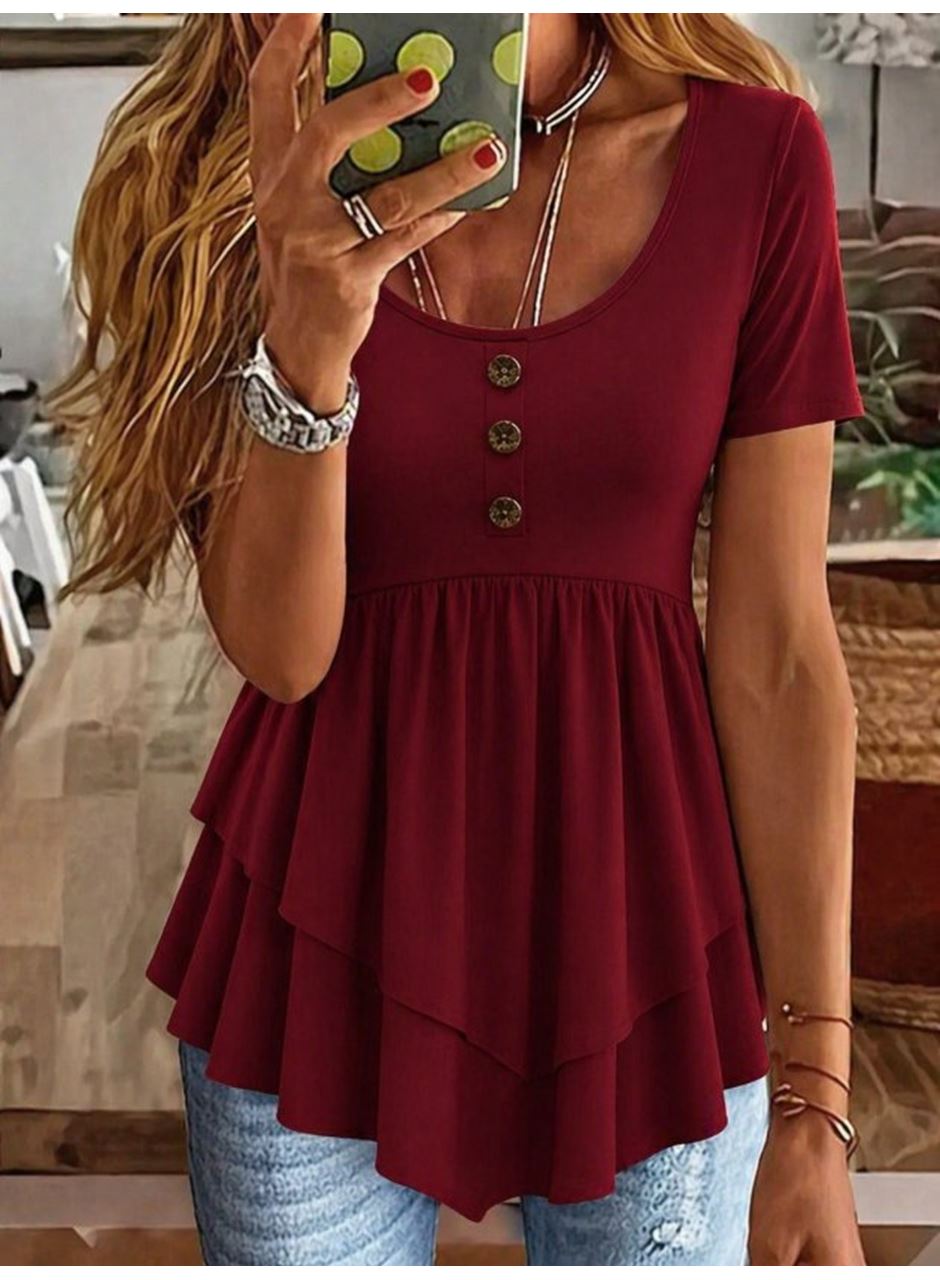 Kadın Kısa Kollu Yuvarlak Yakalı Düğmeli önden Asimetrik Kesim Detaylı Viskon Bluz