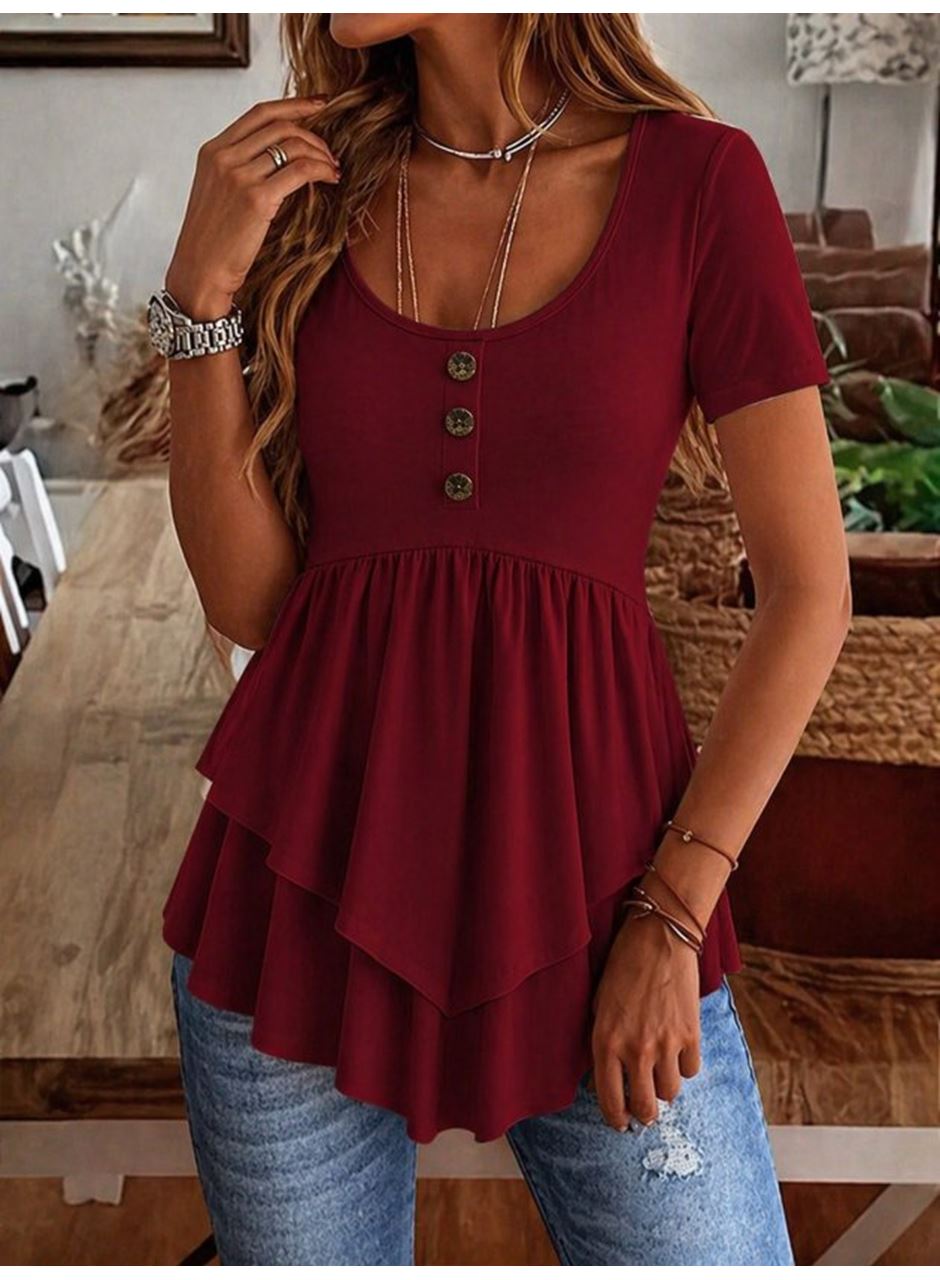 Kadın Kısa Kollu Yuvarlak Yakalı Düğmeli önden Asimetrik Kesim Detaylı Viskon Bluz