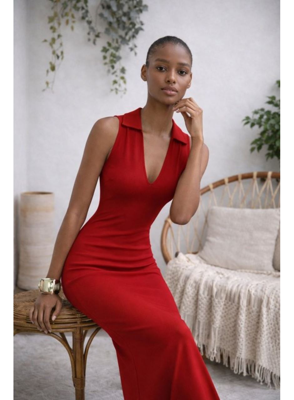 Kadın Kolsuz V Yakalı Uzun Triko Elbise