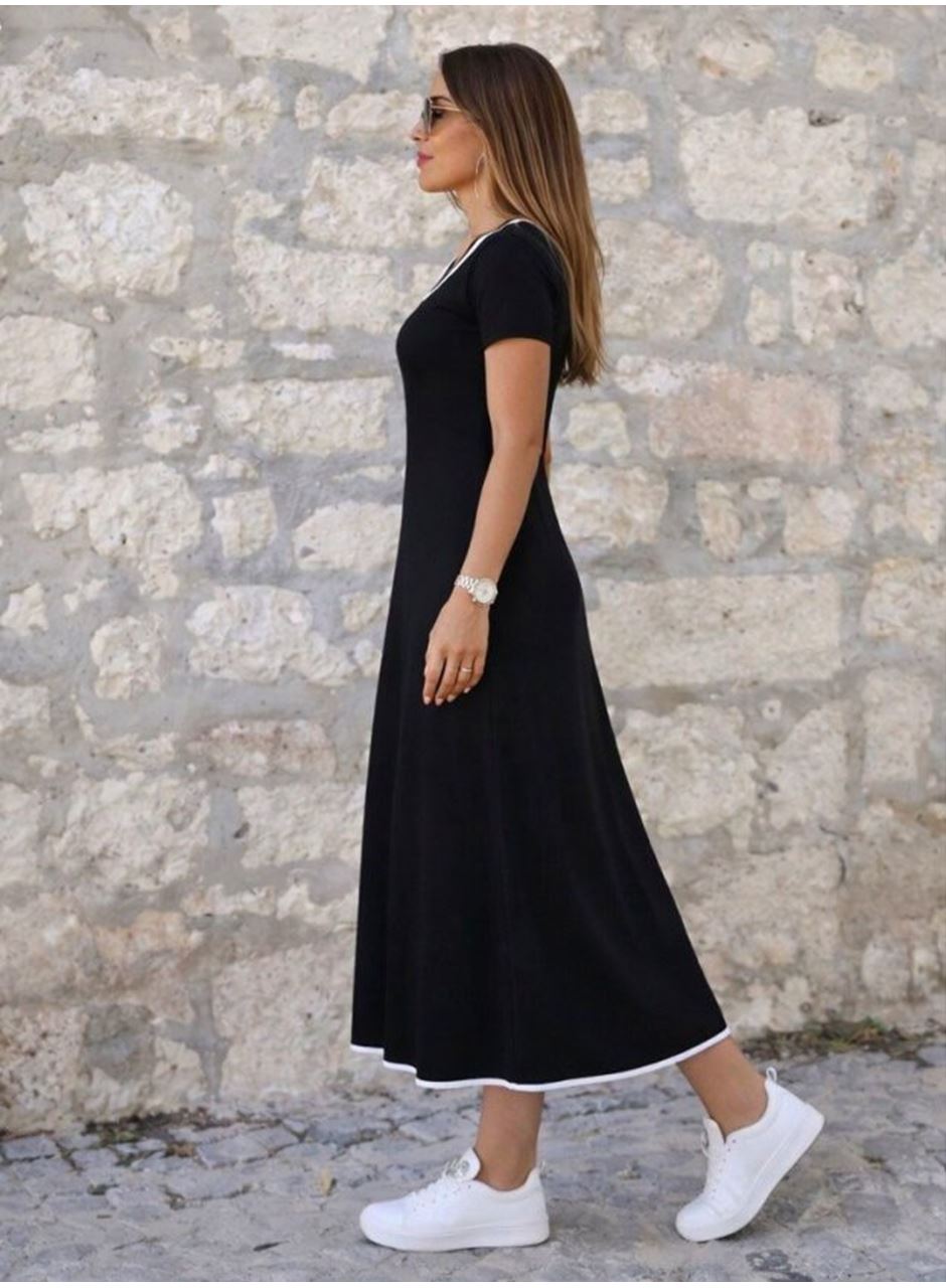 Kadın Kısa Kollu Yuvarlak Yakalı Yakası Renkli Kiloş Midi Viskon Elbise