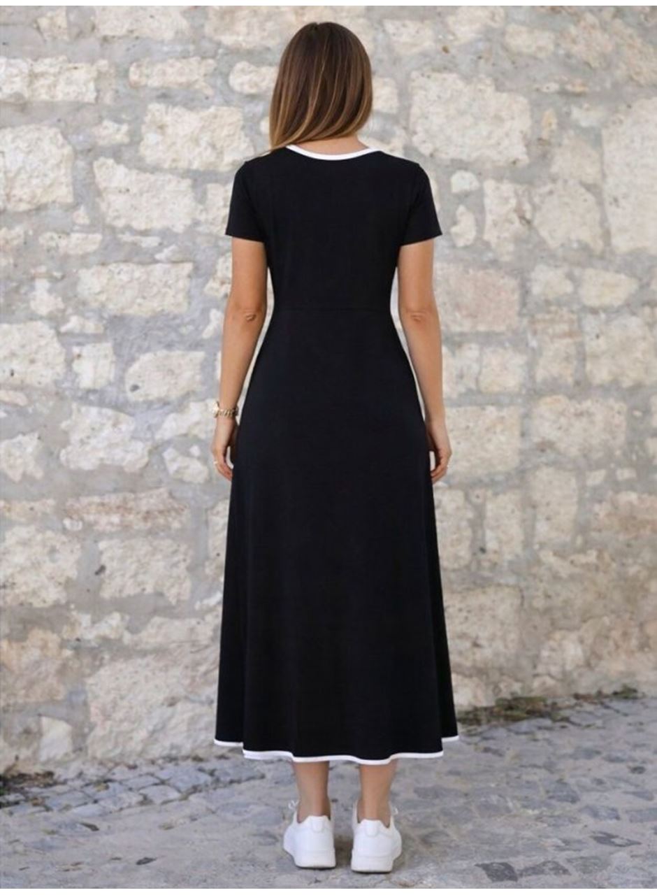 Kadın Kısa Kollu Yuvarlak Yakalı Yakası Renkli Kiloş Midi Viskon Elbise