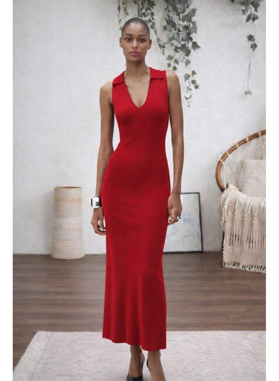 Kadın Kolsuz V Yakalı Uzun Triko Elbise