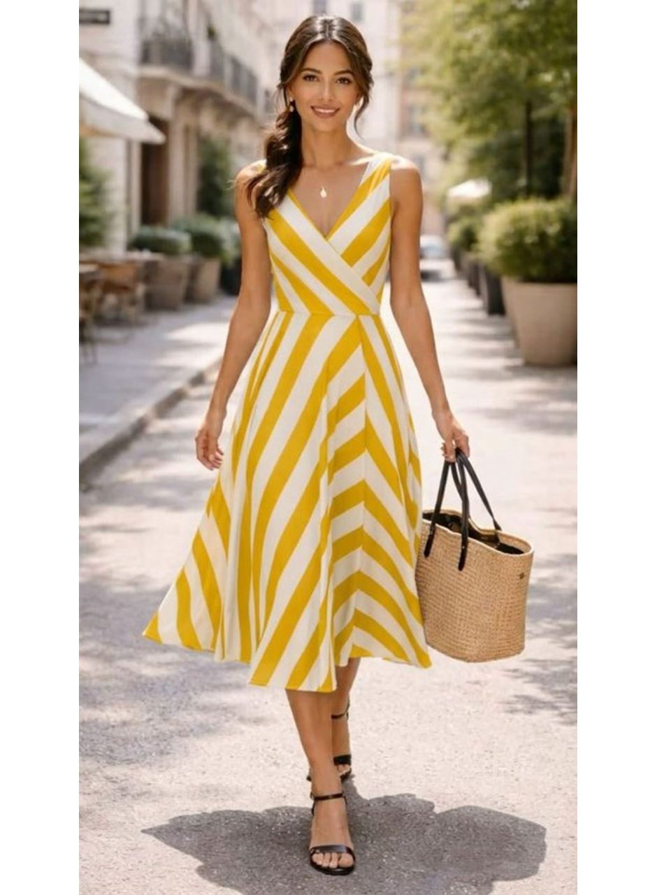 Kadın Askılı Kruvaze Yakalı Kemersiz çizgili Dalgıç Midi Elbise