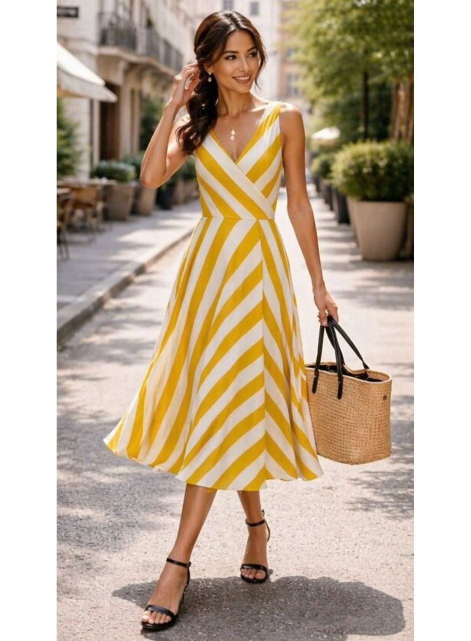 Kadın Askılı Kruvaze Yakalı Kemersiz çizgili Dalgıç Midi Elbise