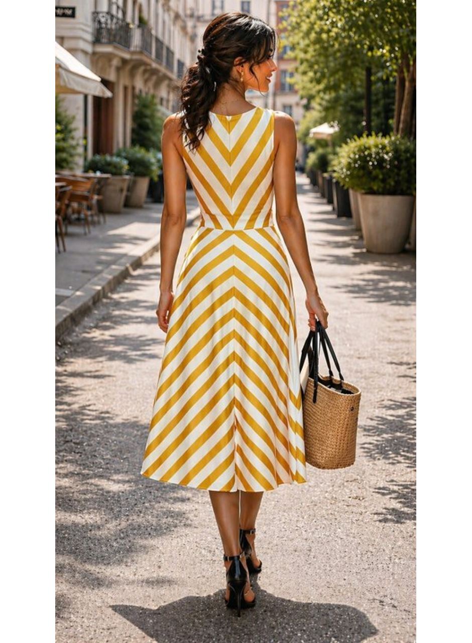 Kadın Askılı Kruvaze Yakalı Kemersiz çizgili Dalgıç Midi Elbise