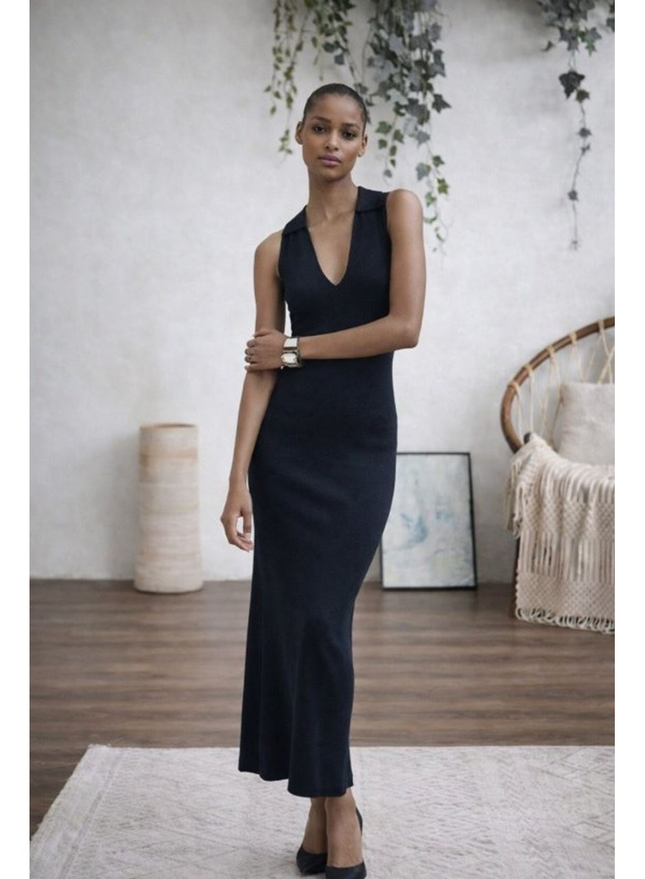 Kadın Kolsuz V Yakalı Uzun Triko Elbise