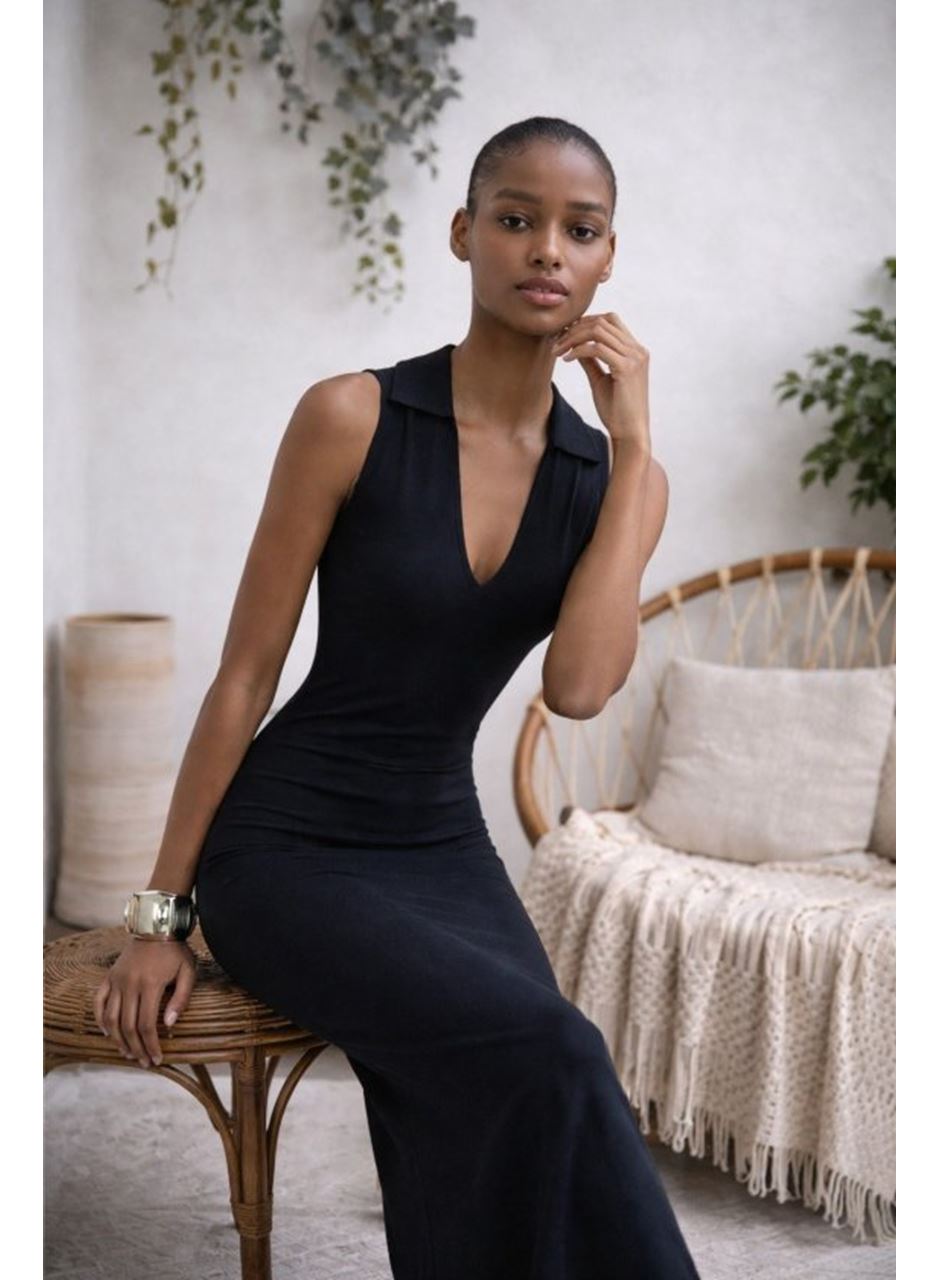 Kadın Kolsuz V Yakalı Uzun Triko Elbise