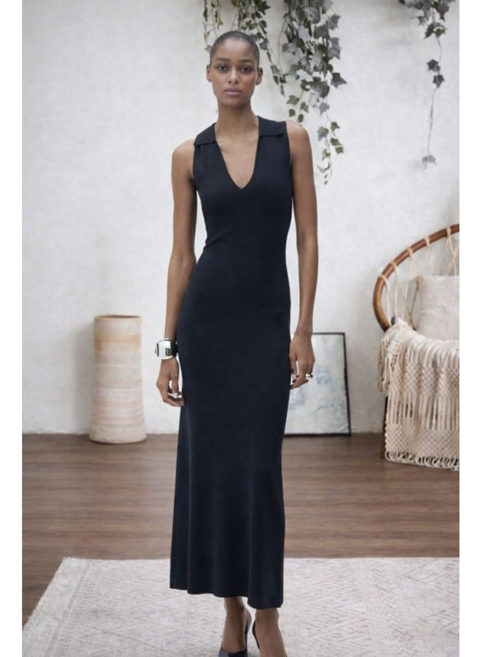 Kadın Kolsuz V Yakalı Uzun Triko Elbise