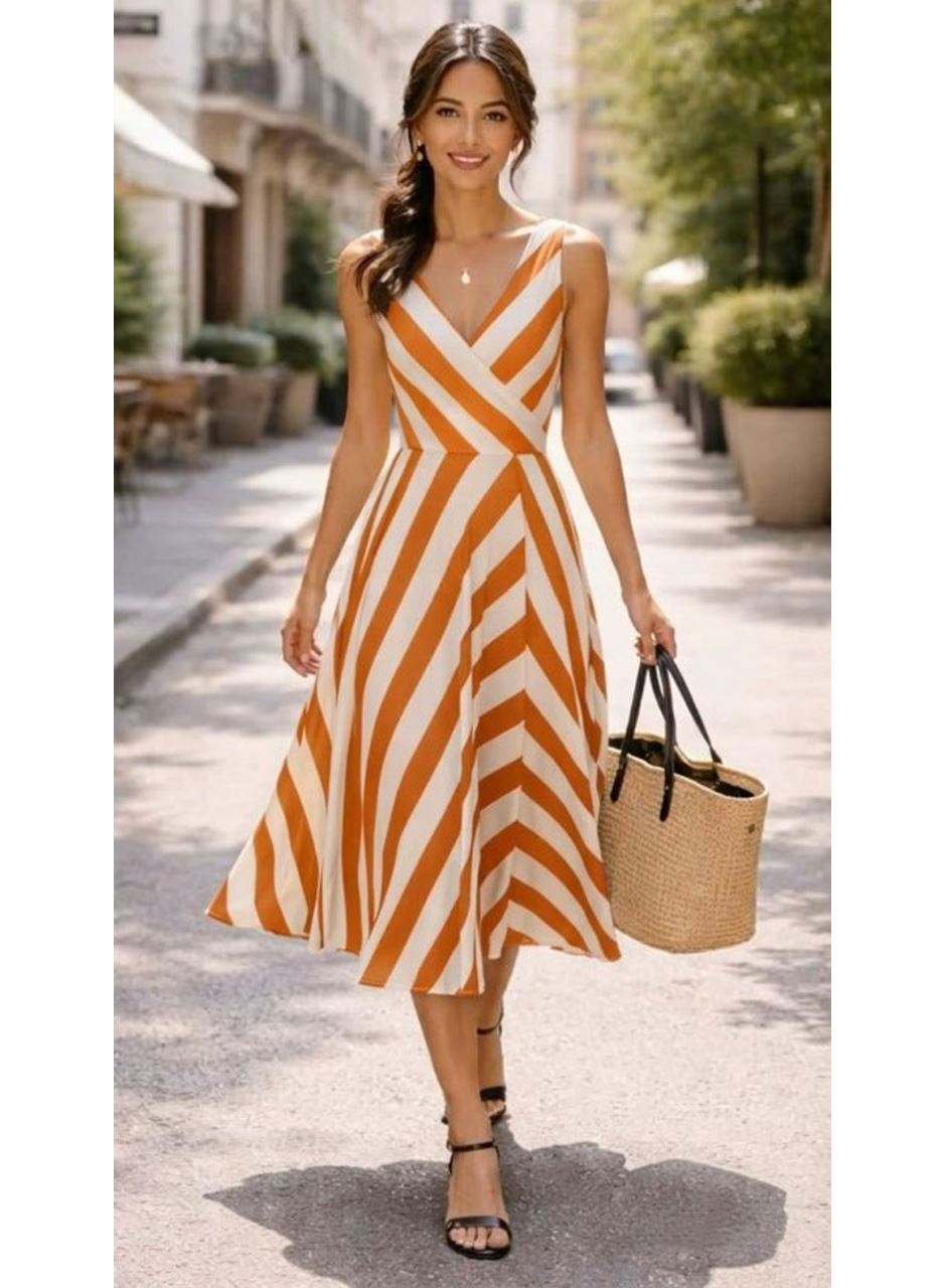 Kadın Askılı Kruvaze Yakalı Kemersiz çizgili Dalgıç Midi Elbise