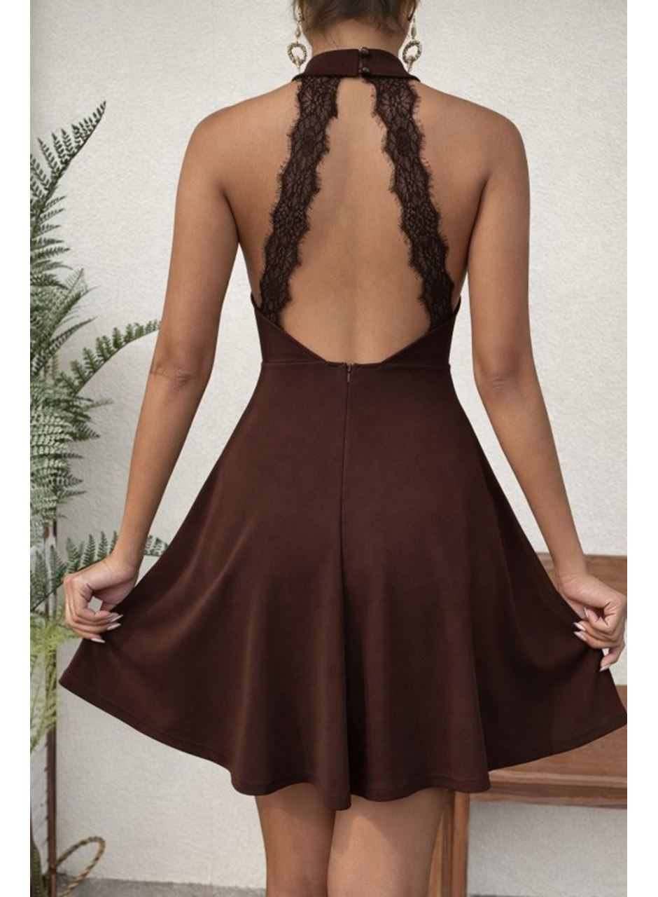 Kadın Omuzlardan Açık Balıkçı Yaka Arkadan Dantel Detaylı Kısa Ithal Krep Elbise