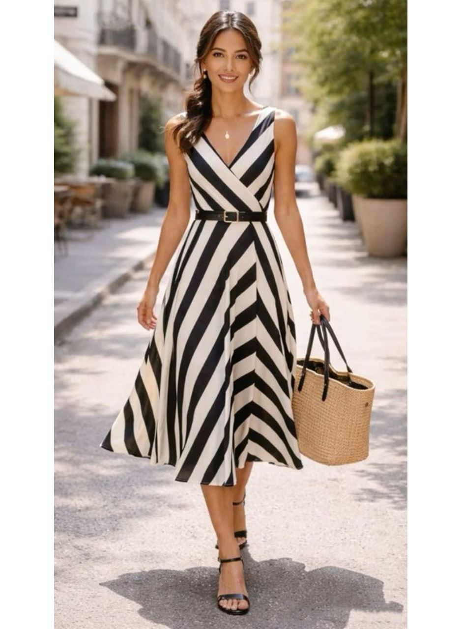 Kadın Askılı Kruvaze Yakalı Kemersiz çizgili Dalgıç Midi Elbise
