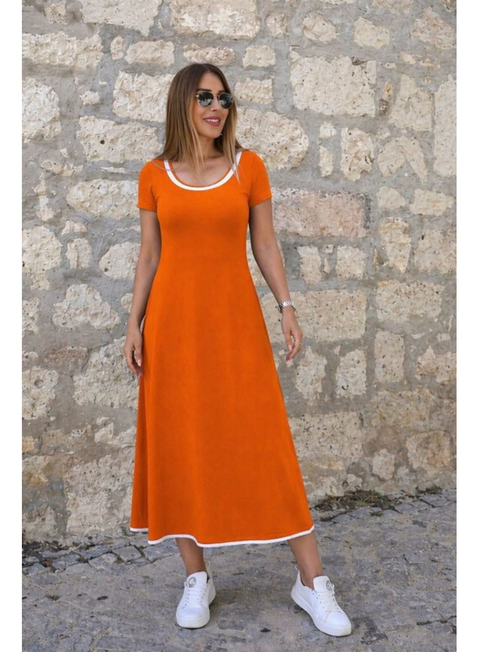 Kadın Kısa Kollu Yuvarlak Yakalı Yakası Renkli Kiloş Midi Viskon Elbise