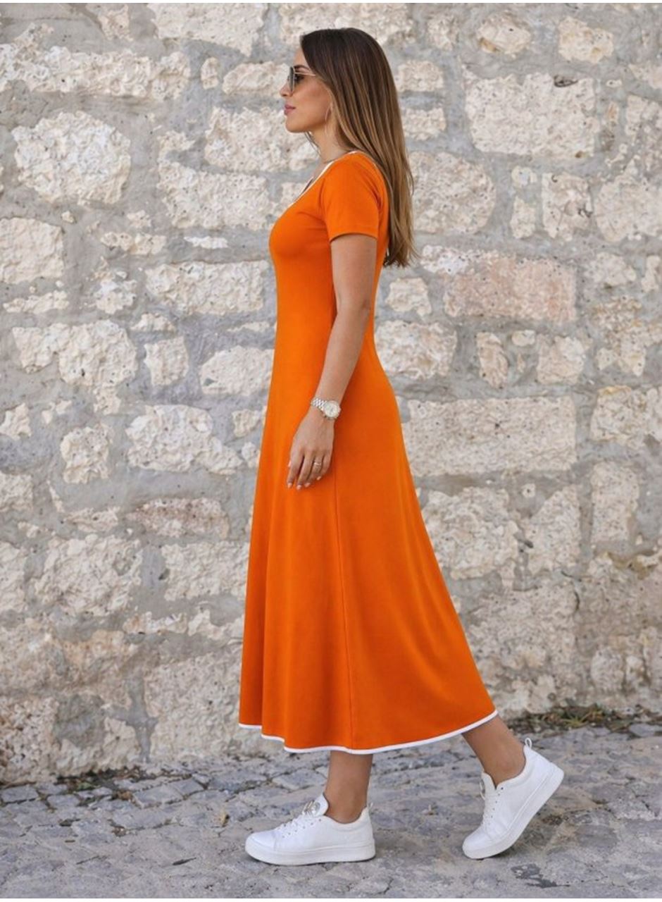 Kadın Kısa Kollu Yuvarlak Yakalı Yakası Renkli Kiloş Midi Viskon Elbise