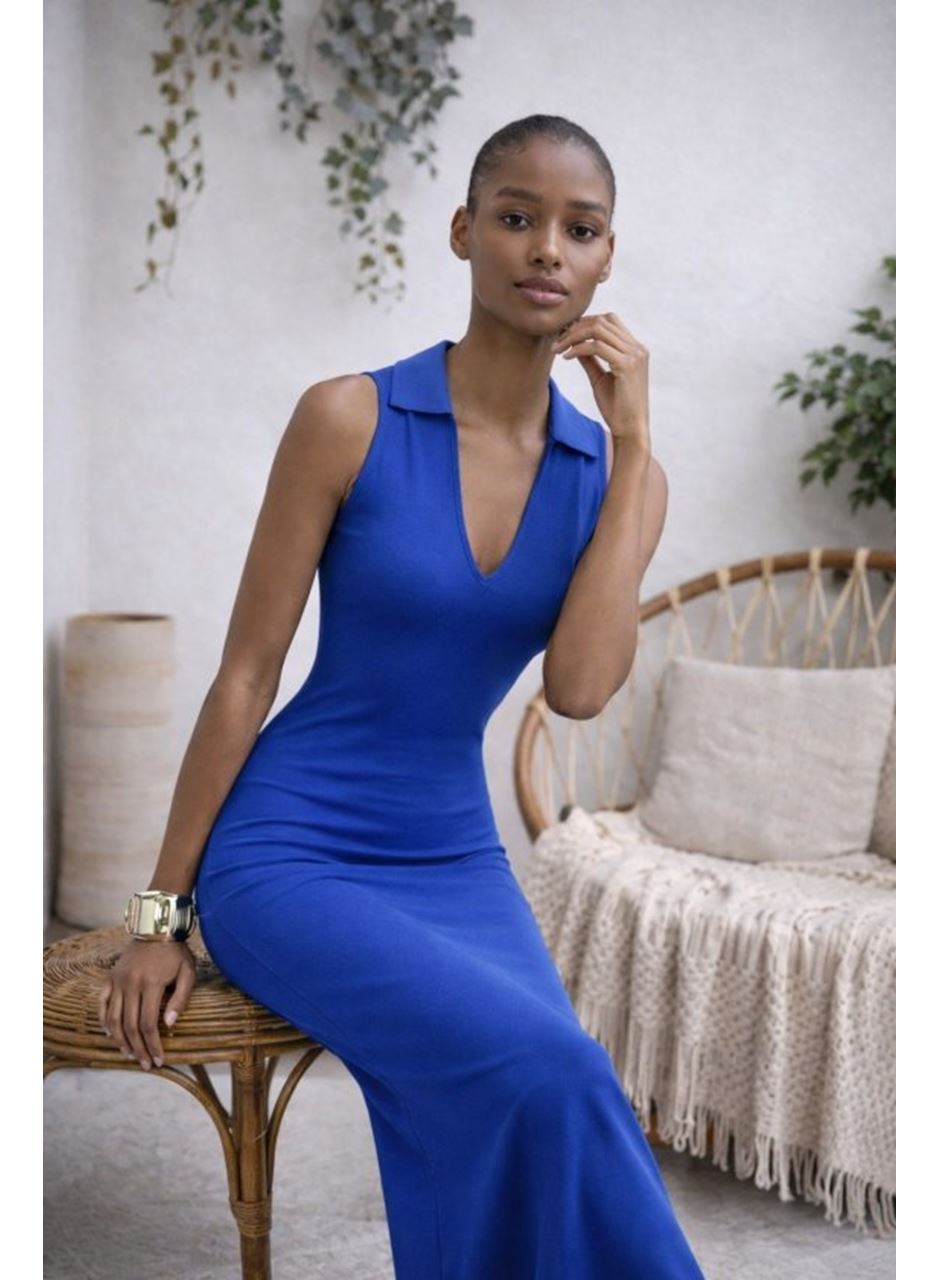 Kadın Kolsuz V Yakalı Uzun Triko Elbise