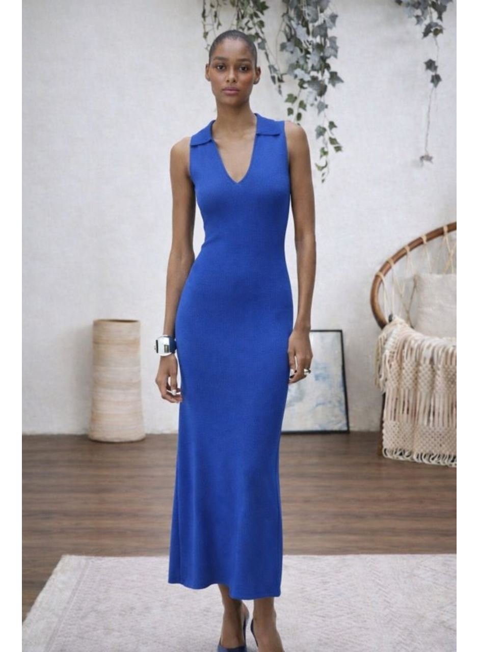 Kadın Kolsuz V Yakalı Uzun Triko Elbise