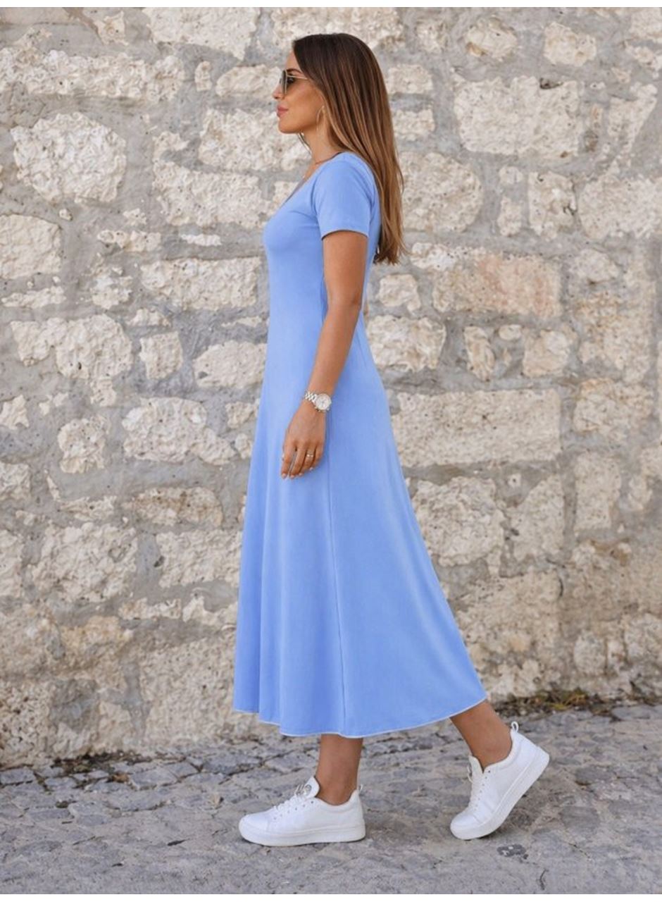 Kadın Kısa Kollu Yuvarlak Yakalı Yakası Renkli Kiloş Midi Viskon Elbise