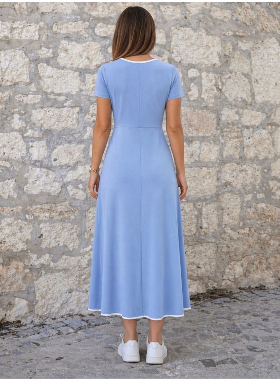 Kadın Kısa Kollu Yuvarlak Yakalı Yakası Renkli Kiloş Midi Viskon Elbise
