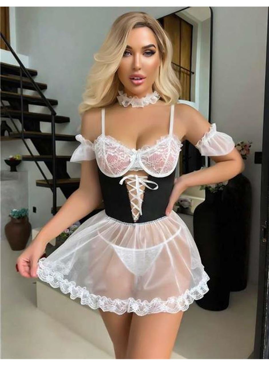 Beyaz Dantel İşlemeli Büstiyerli Fantezi Tül Gecelik