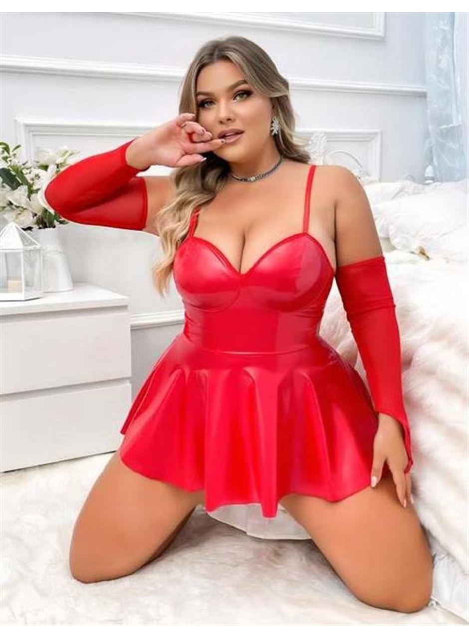 Büyük Beden Kırmızı Parlak Deri Fantezi Elbise
