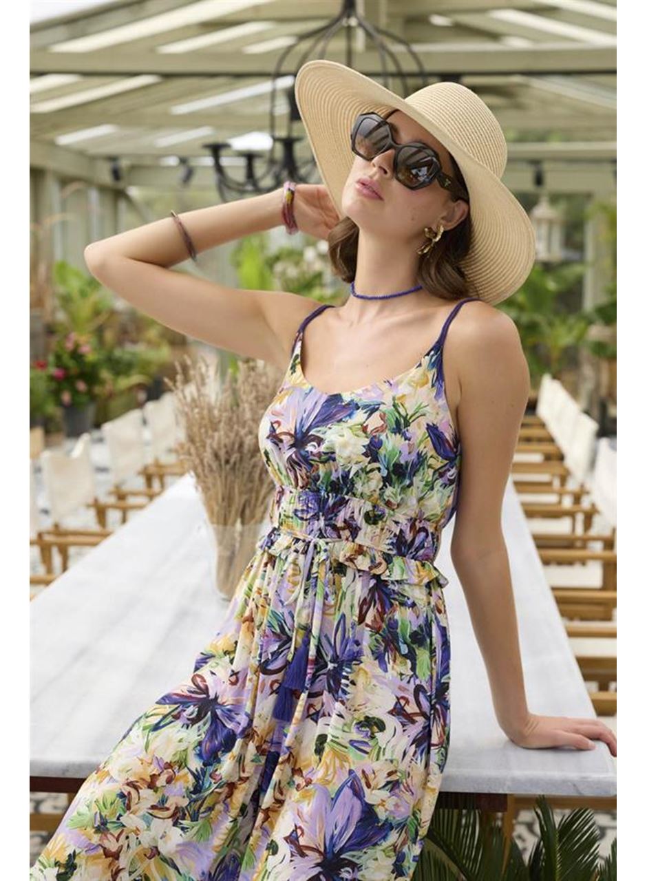 Çiçek ve Yaprak Desenli İp Askılı Tulum