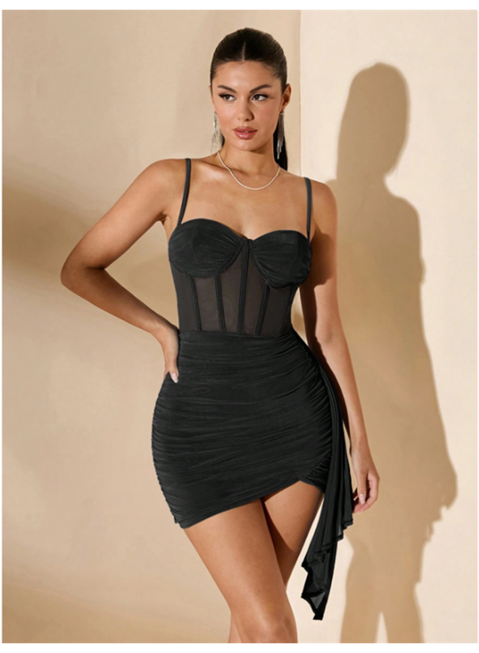 Özel Şık Tasarım Siyah Korse Görünümlü Mini Club Elbisesi