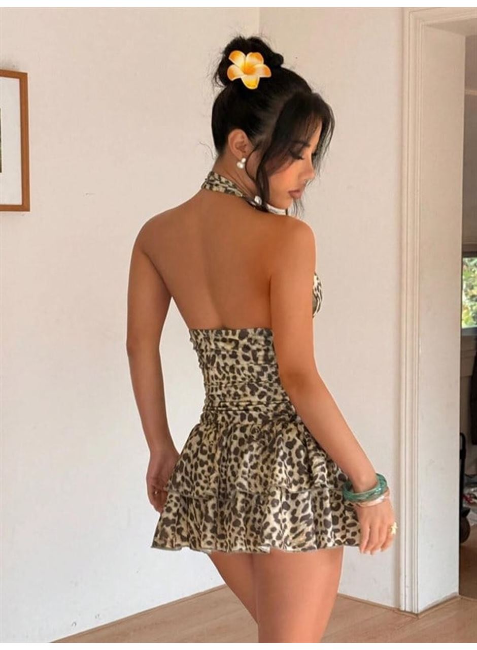 Özel Şık Tasarım Leopar Desenli Fırfırlı Mini Club Elbisesi