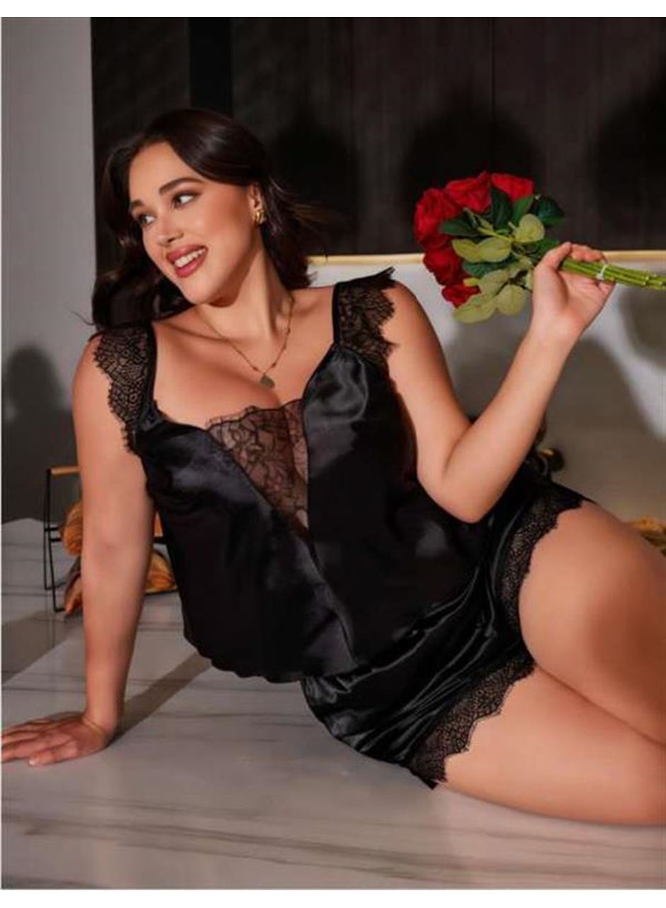 Büyük Beden Siyah Omuz Dantel İşlemeli Saten Şortlu Takım