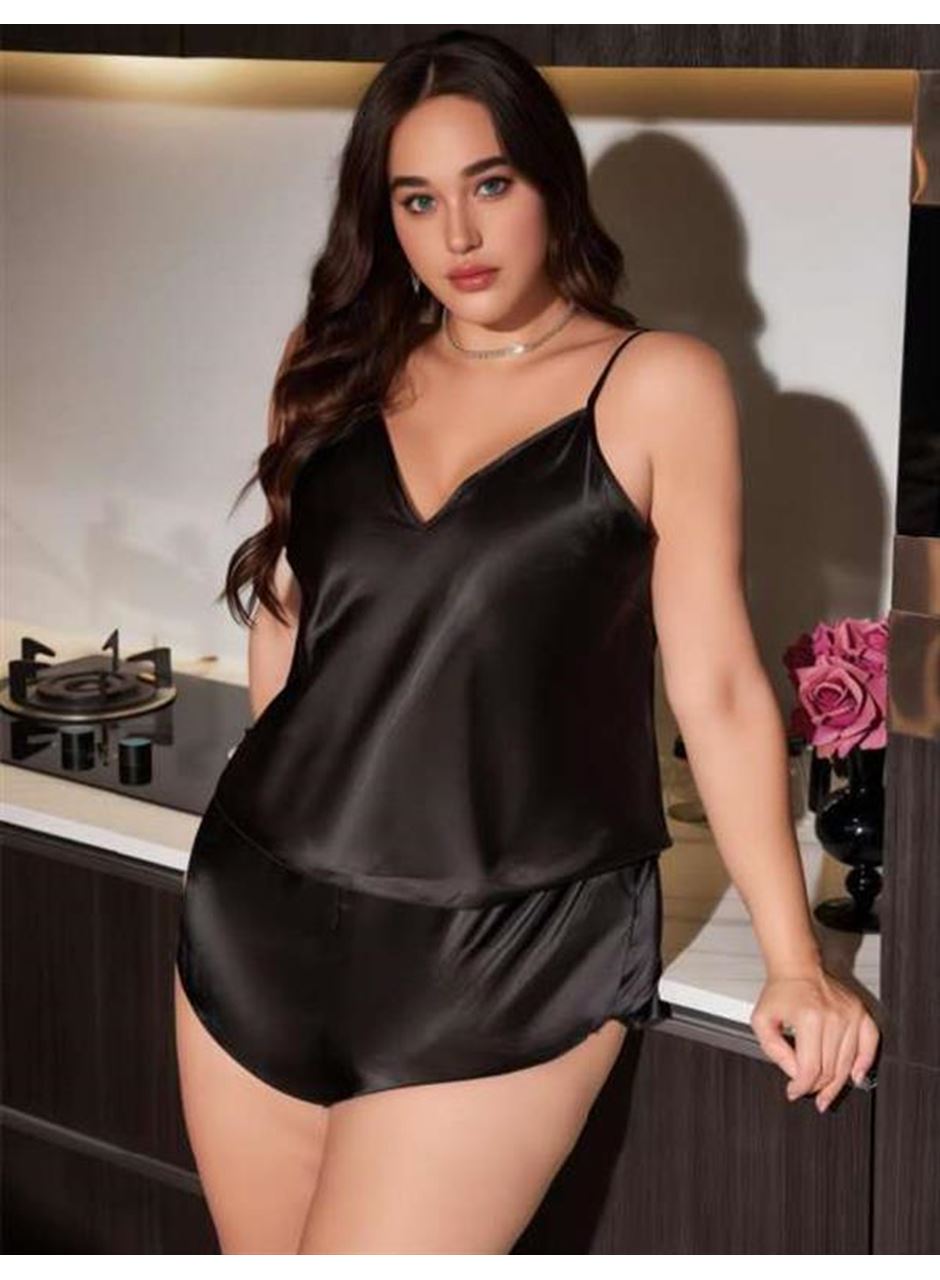 Büyük Beden Siyah Saten Şortlu Takım