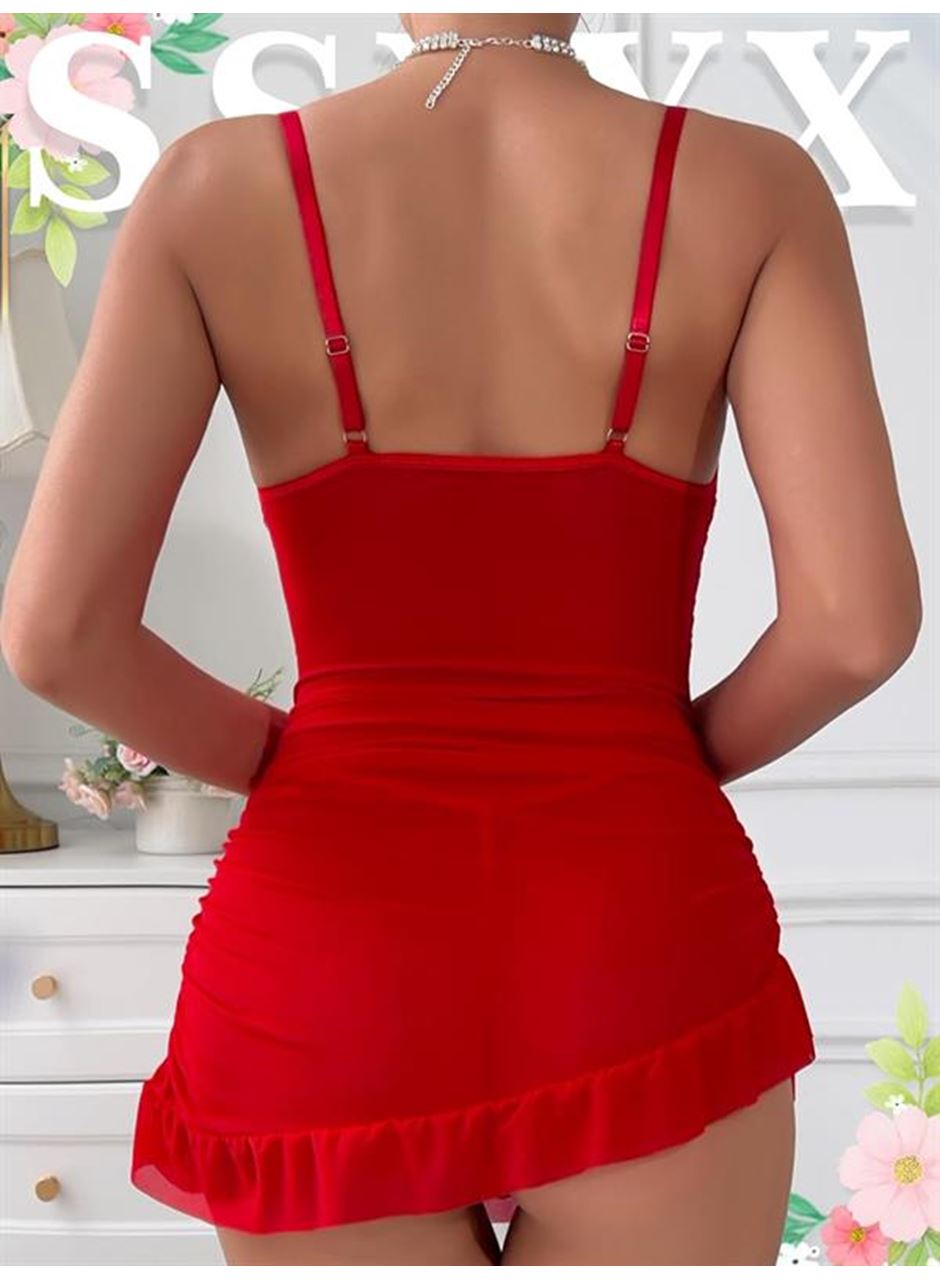 Fırfırlı Dantel İşlemeli Tül Fantezi Kırmızı Gecelik