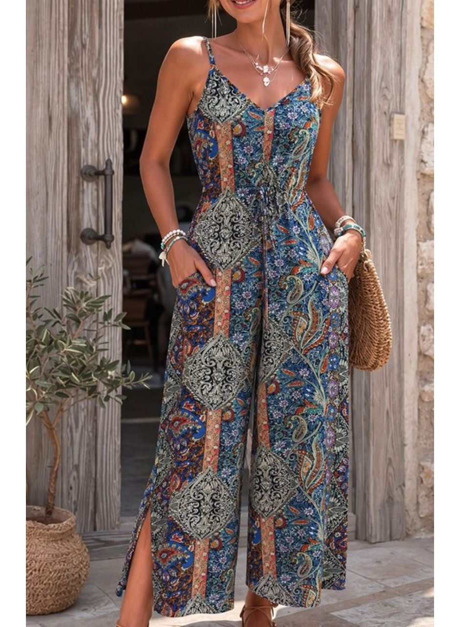 Kadın Ip Askılı V Yakalı Cep Detaylı Desenli Uzun Süprem Tulum