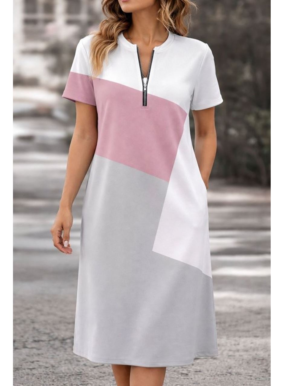 Kadın Kısa Kollu Yakadan Fermuarlı Desenli Kısa Süprem Elbise