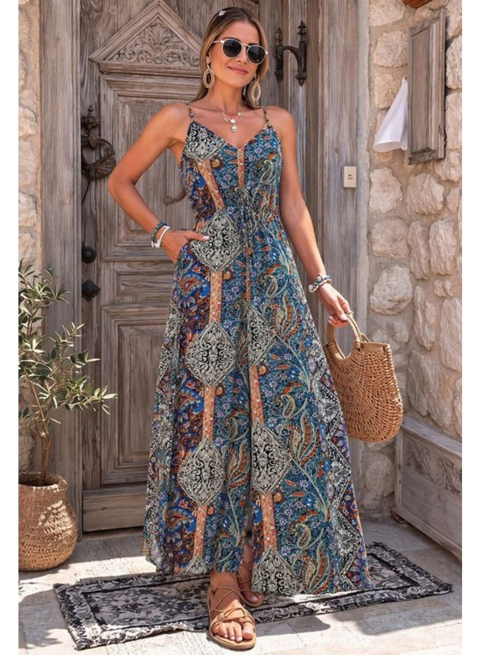 Kadın Ip Askılı V Yakalı Cep Detaylı Desenli Uzun Süprem Tulum