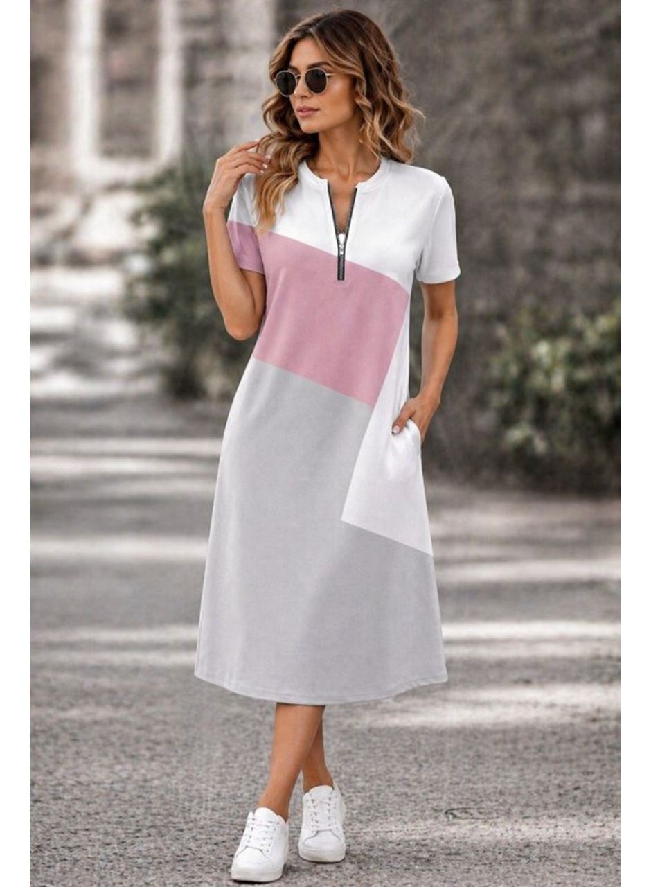 Kadın Kısa Kollu Yakadan Fermuarlı Desenli Kısa Süprem Elbise
