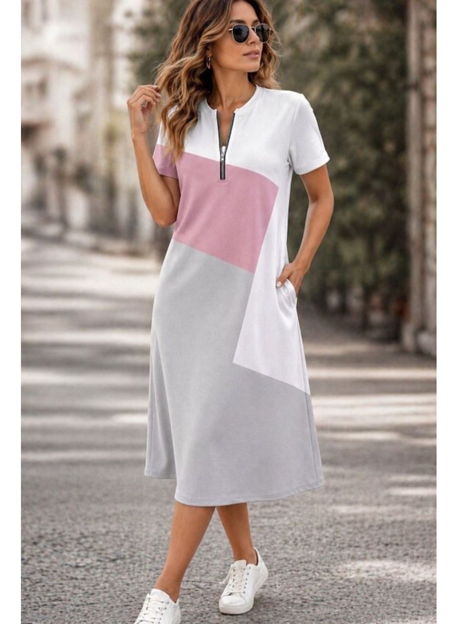 Kadın Kısa Kollu Yakadan Fermuarlı Desenli Kısa Süprem Elbise