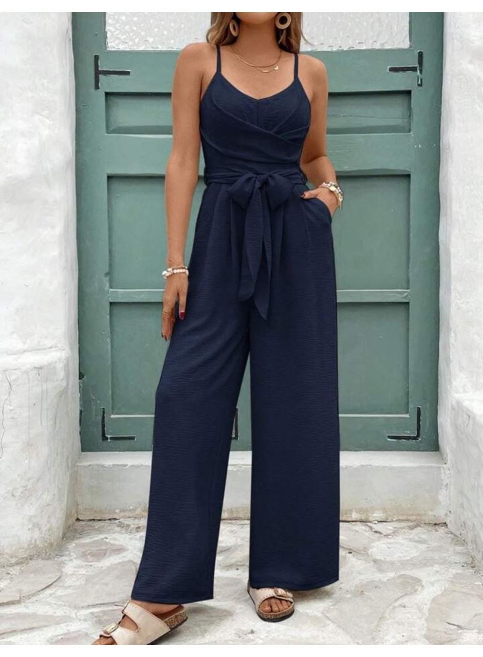 Kadın Ip Askılı V Yakalı Belden Kuşaklı Uzun Aerobin Tulum