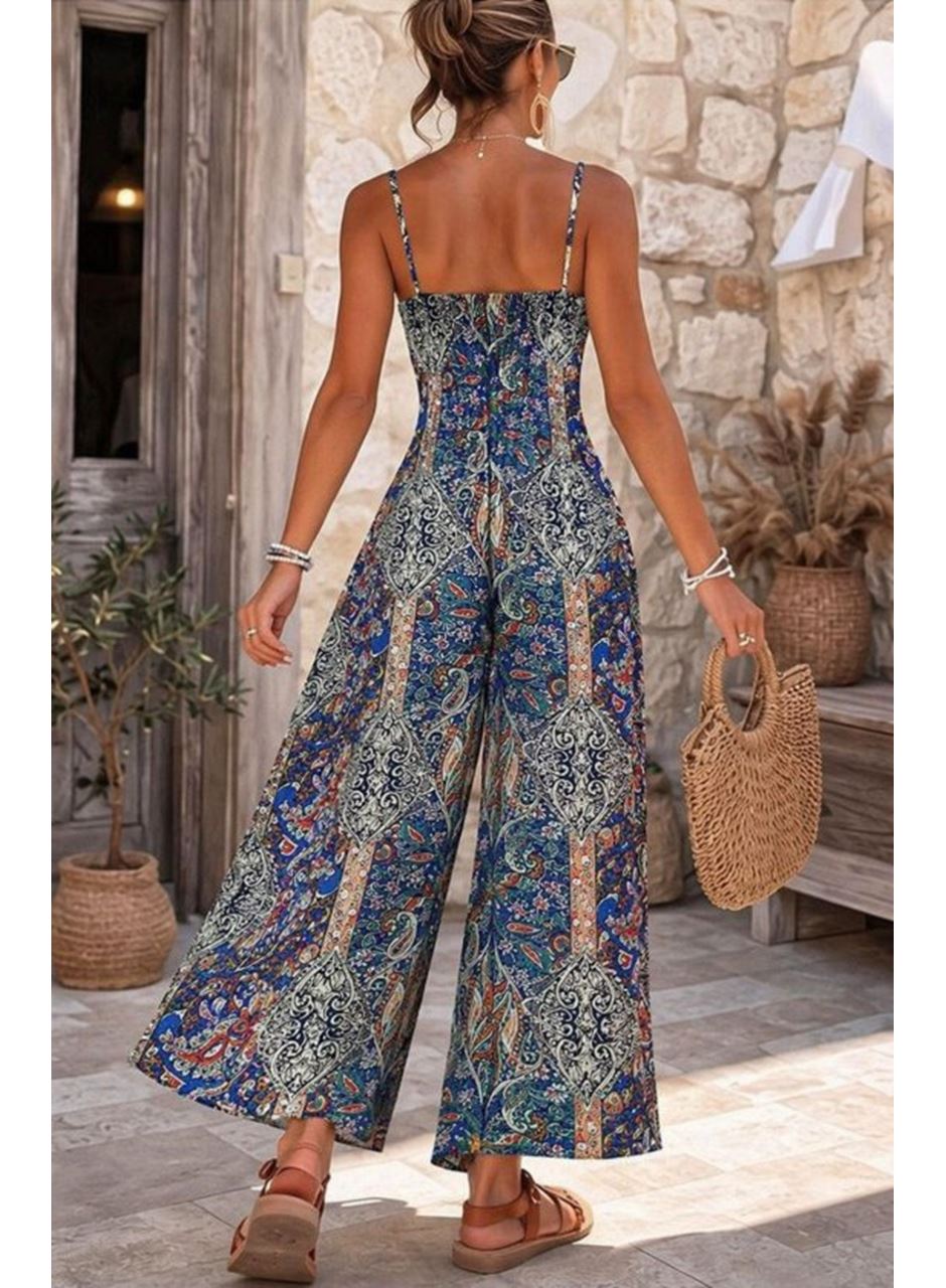 Kadın Ip Askılı V Yakalı Cep Detaylı Desenli Uzun Süprem Tulum