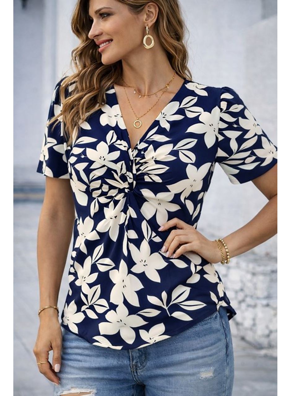 Kadın Kısa Kollu V Sarmal Yakalı çiçek Desenli Süprem Bluz