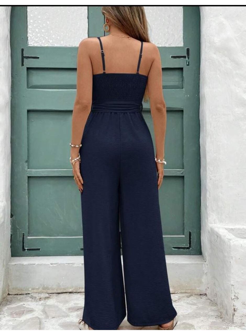 Kadın Ip Askılı V Yakalı Belden Kuşaklı Uzun Aerobin Tulum