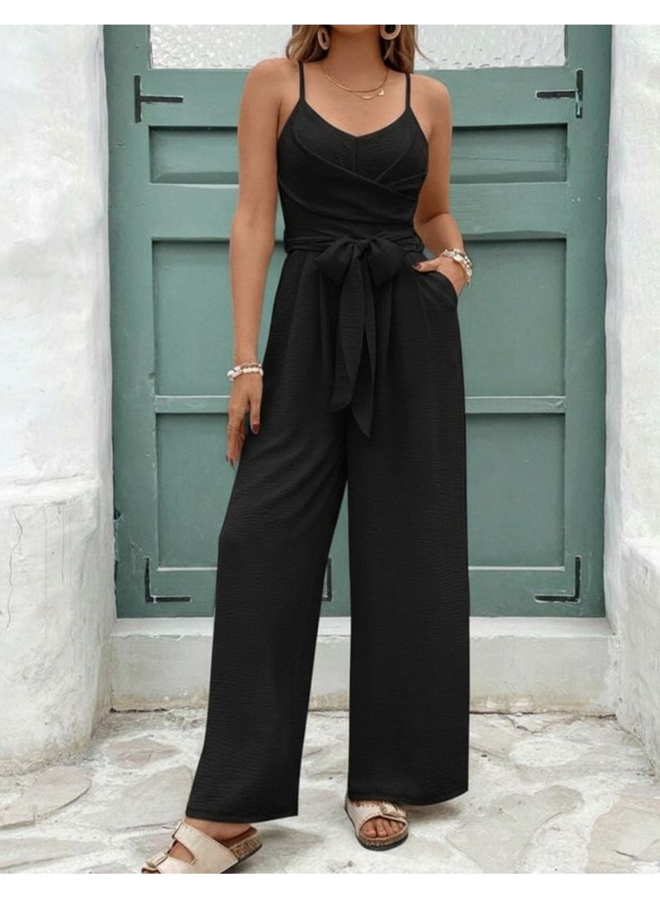 Kadın Ip Askılı V Yakalı Belden Kuşaklı Uzun Aerobin Tulum