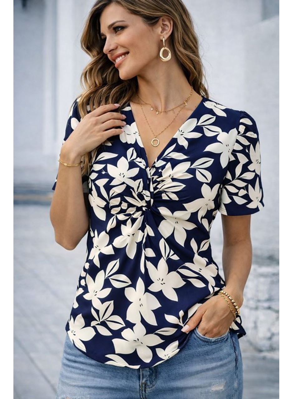 Kadın Kısa Kollu V Sarmal Yakalı çiçek Desenli Süprem Bluz