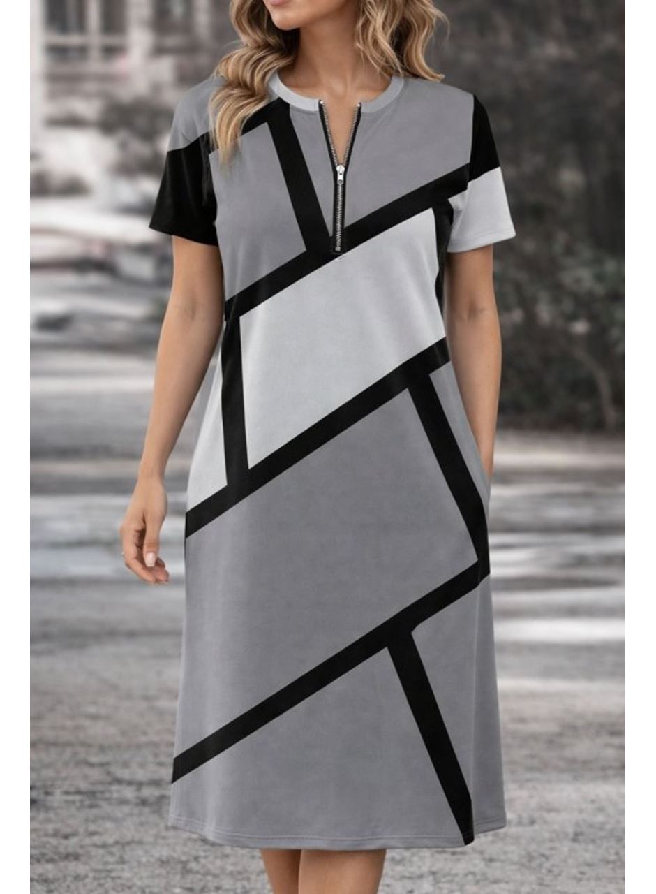 Kadın Kısa Kollu Yakadan Fermuarlı Desenli Kısa Süprem Elbise
