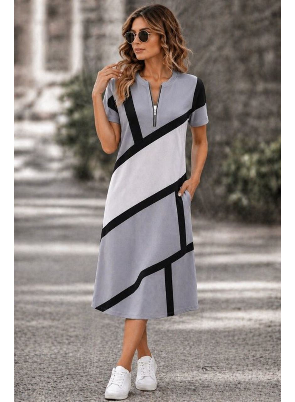 Kadın Kısa Kollu Yakadan Fermuarlı Desenli Kısa Süprem Elbise