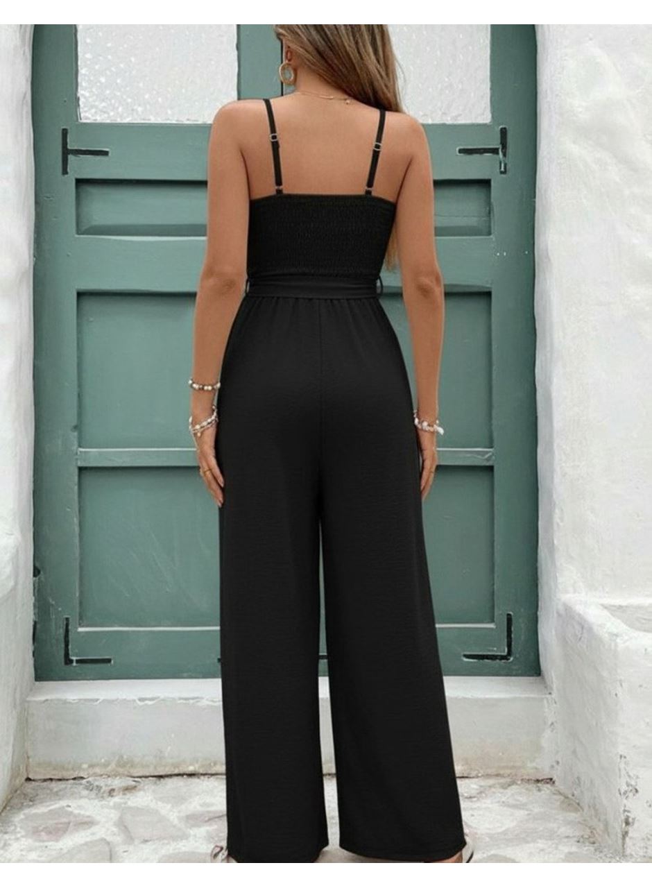 Kadın Ip Askılı V Yakalı Belden Kuşaklı Uzun Aerobin Tulum