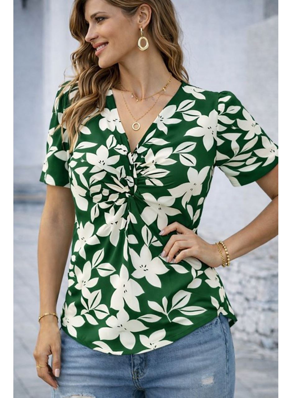 Kadın Kısa Kollu V Sarmal Yakalı çiçek Desenli Süprem Bluz